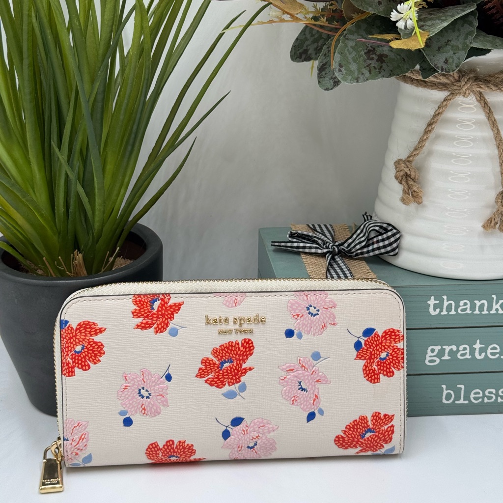 Kate Spade Morgan Dotty Floral Embossed Saffiano Leather Zip Around Continental